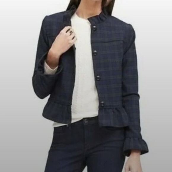 Banana Republic Blue Tartan Plaid Ruffle Detail Button-Up Jacket, Size 10 - Picture 1 of 12